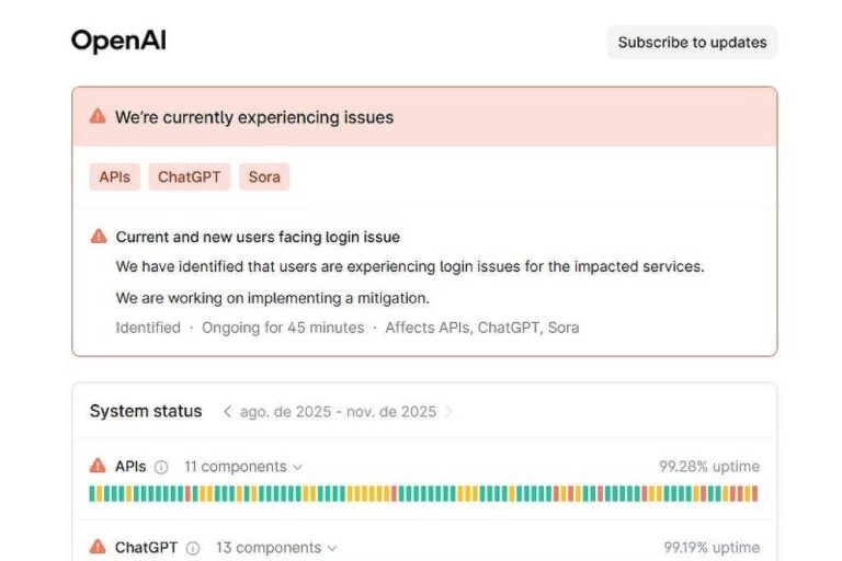 Instabilidade no ChatGPT e Sora nesta terça-feira