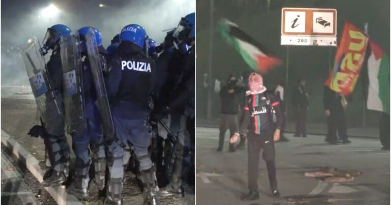 Conflito entre policiais e manifestantes pró-Palestina na Itália