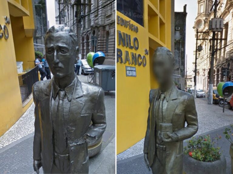 Estátua em Santos é confundida com humano e tem rosto borrado no Google Maps