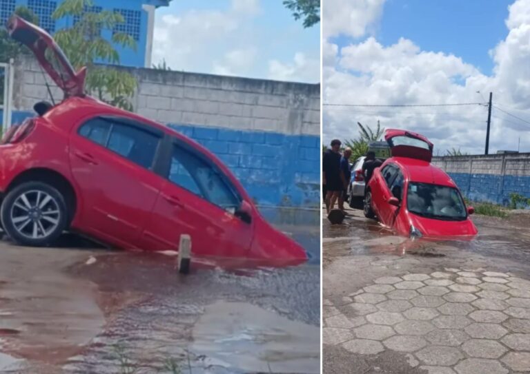 Carro é engolido por cratera em Itanhaém após rompimento de tubulação