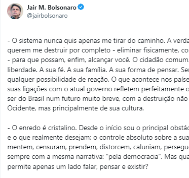 Bolsonaro afirma que querem destruí-lo no dia da entrega das alegações finais da PGR
