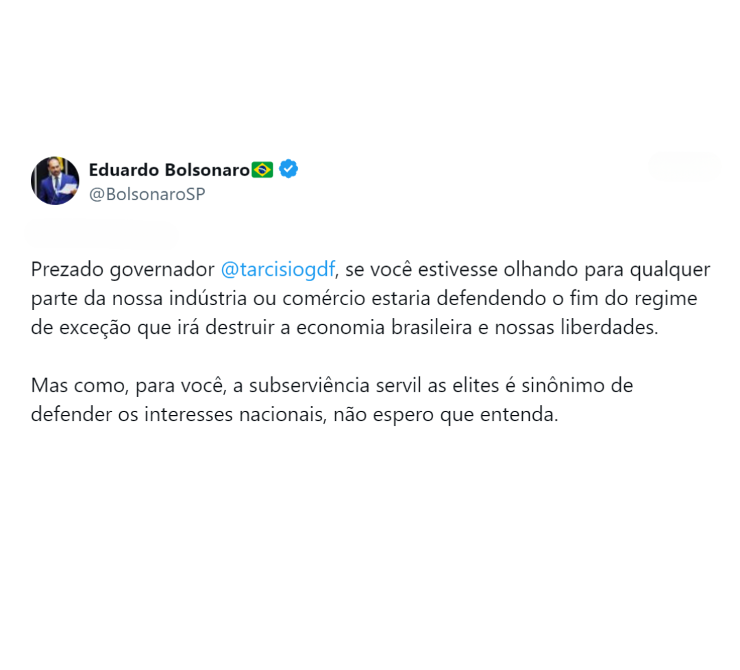 Eduardo Bolsonaro critica Tarcísio por “subserviência servil” a empresários