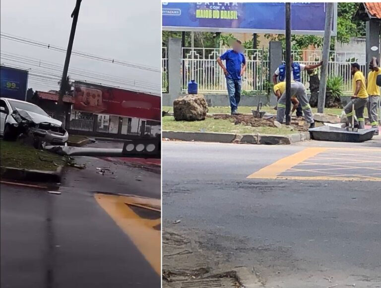 Carro invade ciclovia e derruba poste de sinalização em Campos