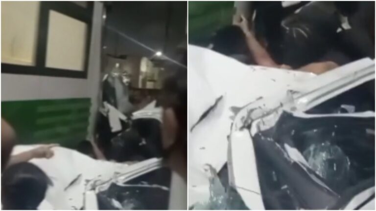 Acidente entre carro e VLT deixa veículo preso às ferragens