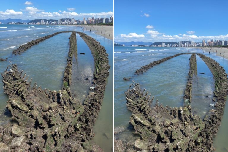 'Navio fantasma' surpreende banhistas em Santos-SP