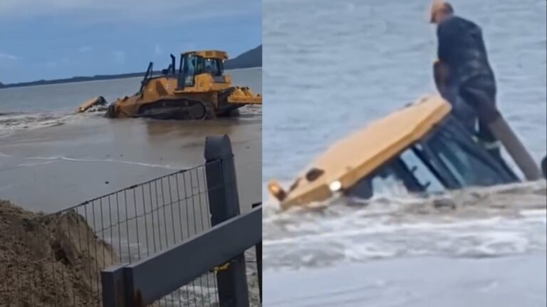 Máquina engolida por areia em obra de alargamento no Brasil