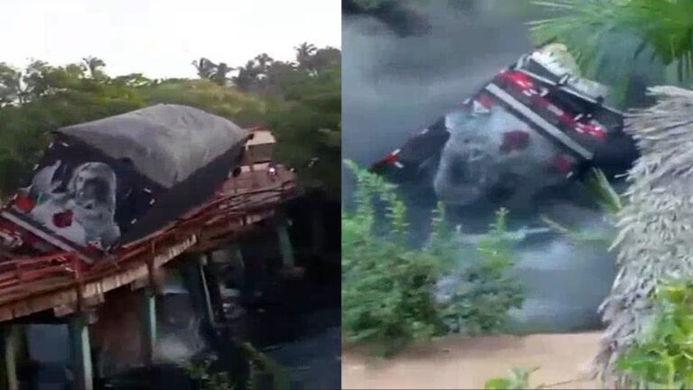 Caminhão cai em rio após desabamento de ponte de madeira no Maranhão